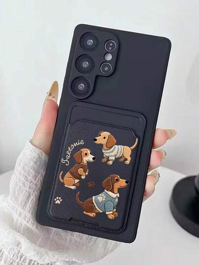 1pc Solid Black TPU Shockproof Phone Case & 1pc Black Textured Dachshund Pattern Adhesive Card Holder 2-In-1 Fashionable Creative Phone Case Compatible With Iphone 6s 7 8 Plus X XR XS 11 12 13 14 15 16 17 Pro Max Mini Plus Air, A14, A54, A56, A31 4G, A23, OPPO A98, S24 S25 Ultra, Redmi A5 13C 14C, Redmi Note 14 Pro 4G, Redmi Note 15 Pro, Redmi K60 Ultra