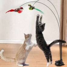 Interactive Cat Toy Set With Realistic Bird Design, Long Pole Double Rods, Bell, Strong Suction Cup, And Artificial Feathers - Handmade Bird Color Random, No Battery Needed, Perfect For All Breeds, Cat Toy Set|Realistic Bird Design|Durable Cat Toy, Cat Toy Set, Without Battery, Flying Bird/Little Bird - D033 - 查看 2