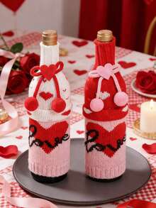 2个情人节小矮人葡萄酒瓶套，情人节针织葡萄酒瓶套，瑞典小矮人葡萄酒瓶塞，粉色爱心蝴蝶结设计，粉色爱心北欧风格，适合家居装饰、情人节、婚礼、餐桌、派对礼物 - 彩色 - 查看 3