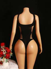 1pc Women's Black Spaghetti Strap Sheer Jumpsuit With Cutout Design, Rope Splice, Fashionable Minimalist Unique Charm Sexy Jumpsuit - Black - View 4