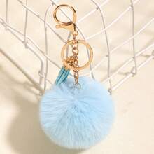 1pc Light Blue Faux Fur Pom Pom Tassel Keychain, Bag Charm - Light Blue - View 5