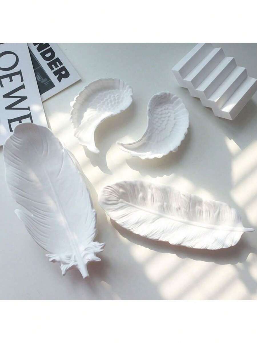 1件极简高端家居收纳石膏羽毛翅膀首饰托盘，项链耳环展示架，摄影道具 - 白色 - 查看 1