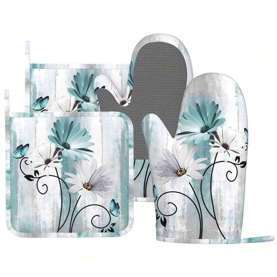 Teal Daisy Oven Mitts Pot Holders Set Silicone Heat Resistant Farm Teal Daisy Floral Flowers And Butterfly Oven Mitts And Hot Pads Potholders Non-Slip Oven Gloves For BBQ,Teal - Teal - 查看 1