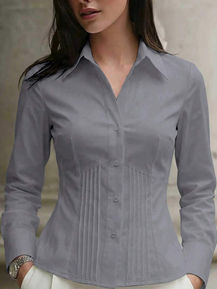 1pc Women's Solid Color Button-Up Elegant Commuter Casual Slim Fit Long Sleeve Shirt, Office, Home, Daily, Date Wear, All Season Spring - Grey - View 1