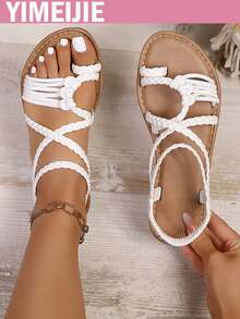 Neue Damen Flache Sandalen, Mode Strand Sandalen, einfarbige Strand PU Leder Gewebte Damen Flache Sandalen, Gewebte Sandalen, Strand, Frühling/Sommer - Weiss - Übersicht 1