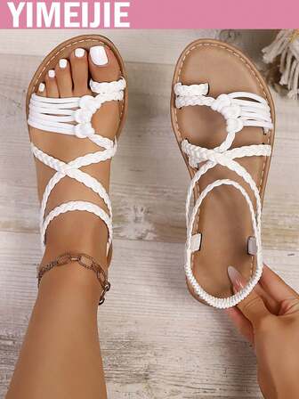 Nuevas sandalias planas para mujer, sandalias de playa de moda, sandalias planas de mujer de cuero PU tejido de unicolor para la playa, sandalias tejidas, playa, primavera/verano