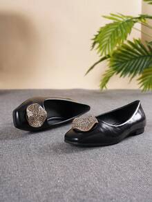 Women's Fashion Flat Slip-On Casual Shoes, Basic Style For Office Wear, All Seasons - Oily Black Skin - View 4