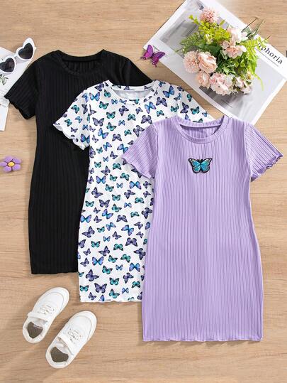 3件套 少女蝴蝶印花纯色修身可爱短袖连衣裙