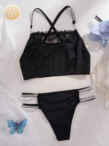 2 Stücke Damen Spitze Patchwork Wäsche Set - Bequemer Kreuz-Träger BH ohne Bügel und freche Höschen Unterwäsche Set - Schwarz - Übersicht 2