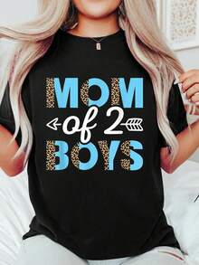 Mom Of 2 Graphic T-Shirt - Playful Lettering With Leopard Print Accents, Soft Round Neck Casual Summer Tee For Women, Mother's Day Gift, Machine Washable Black Top, Mom Shirt, Bold Graphic Tee, Comfortable Fit Shirt - 黑色 - 查看 2