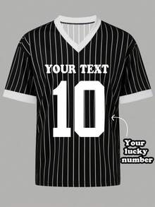 Customized Men's Striped T-Shirt With Lucky Number And Letter Graphic On Front - Black - View 1