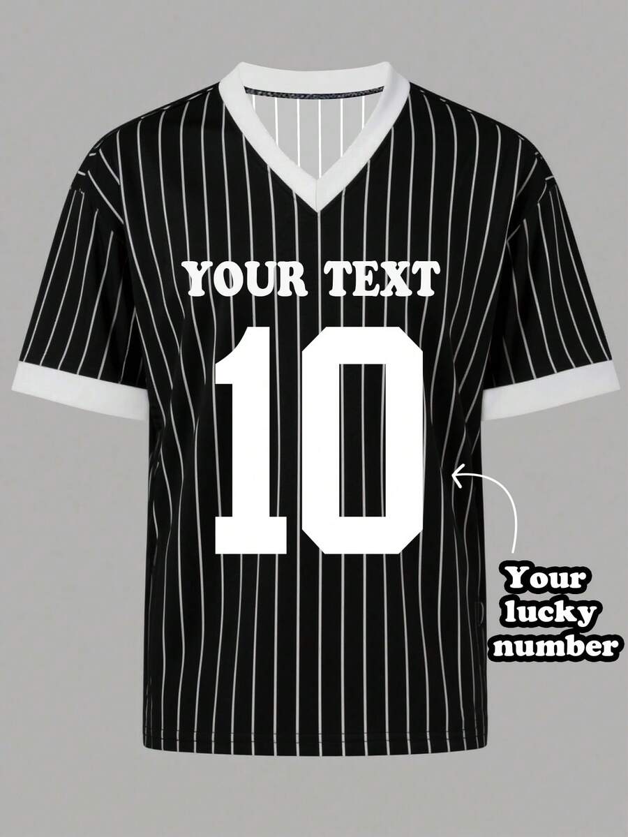 Customized Men's Striped T-Shirt With Lucky Number And Letter Graphic On Front - Black - View 1