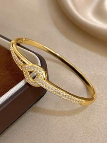 1pc Geometric Waterdrop Golden Bangle Bracelet For Women Luxury Zirconia Elegant Bangle Bracelet For Daily And Party Birthday Christmas Jewelry Gifts - Multicolor - View 3