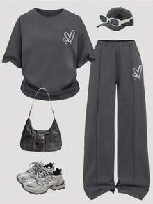 少女爱心印花短袖上衣和裤子套装 - 深灰色 - 查看 1