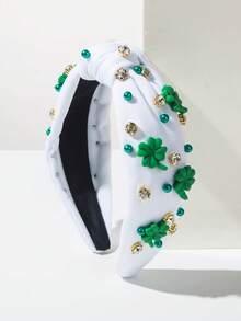 1件白色和绿色纯色布料爱尔兰节日头带，个性化镶嵌仿珍珠宝石四叶草装饰，圣帕特里克节必备百搭时尚配饰 - 白色 - 查看 4