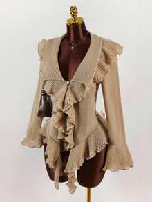 Plus Size Women Ruffled Knit Cardigan, Elegant Bell Sleeve Sweater, Casual Beach Holiday Party Outfit For Spring/Summer/Autumn - Khaki - View 4