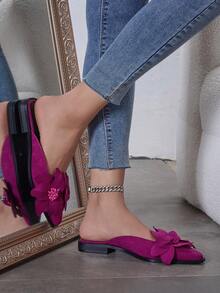 女士时尚仿真花平底便鞋，适合所有季节的穆勒拖鞋，封闭式鞋头 - 玫紅色 - 查看 11