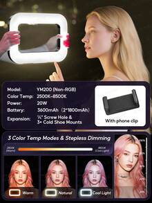 AXNEN 多功能手持LED补光灯，带手机笼支架，USB充电便携式手机直播摄影灯，配备可调节手机夹和冷靴接口，适用于内容创作、自拍补光、Vlog拍摄、手机配件、摄影配件 - 彩色 - 查看 13