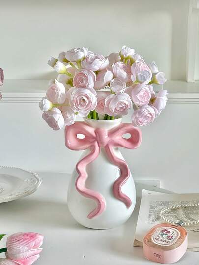 Pink Bow White Vase, Cute Vase, Suitable For Decorating College Dorms, Nurseries And Apartment Bedrooms, Adding A Girly Vibe.