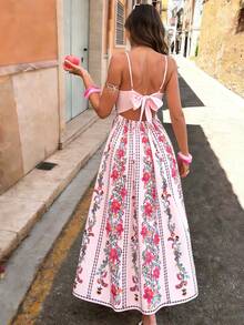 Doriss 高端蝴蝶结系带粉色花卉印花吊带长裙，情人节穿搭，新年穿搭，春季女装，夏季连衣裙，度假女装 - 彩色 - 查看 5