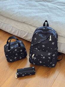 3pcs Nylon Bow Print Backpack Set, Foldable Multi-Pocket Large Capacity Waterproof Zipper Backpack, Suitable For Teenagers, High School Students, College Students, Ladies For Daily Use, Commuting, Travel, Valentine's Day Gift - Black - View 4