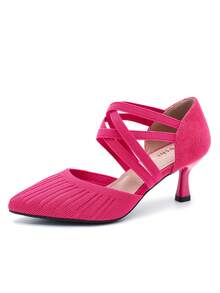 MAIERNISI JESSI Women's Low Kitten Heels Knit Pumps Elastic Crisscross Ankle Strap Slip On Dress Shoes - 玫紅色 - 查看 11