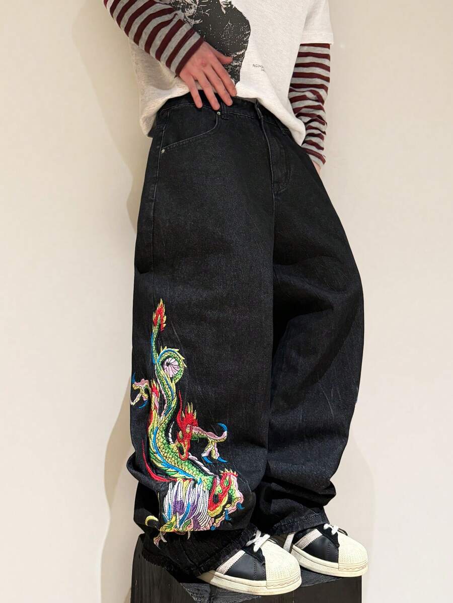 1pc Men's Loose Fit Embroidered Casual Wide Leg Pants, Comfortable Street Style Jeans, Versatile All Season - Black - View 1