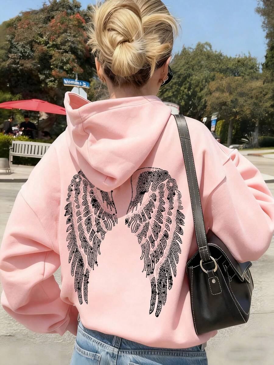1pc Teen Girl Casual Printed Pullover Sweatshirt, Warm Lining, Long Sleeve, Autumn/Winter Student Clothing - Pink - View 1