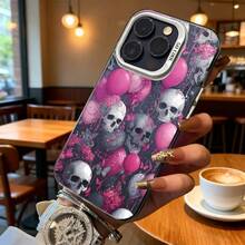 Funda de Teléfono Diseño de Calaveras Rosadas y Grises con Globos y Flores para iPhone 14 15 Pro Max y  Galaxy S23 S24 Plus Adecuada para Todas las Estaciones Opción de Regalo Ideal - Negro - Ver 6
