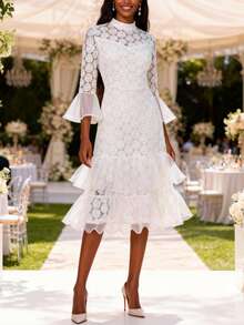 女士优雅白色蕾丝高领荷叶袖中长鱼尾连衣裙，适合婚礼宾客和教堂活动 - 白色 - 查看 5
