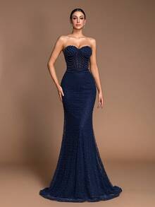 纯色优雅正式晚宴婚礼拉链口袋水钻连衣裙 春季 - 藏蓝色 - 查看 2