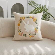 1pc Easter Yellow Rabbit Embroidered Throw Pillow Cover, Spring Floral Wreath Cushion Cover, Suitable For Indoor Decor, Spring/Summer Pillowcase, Pillow Insert Not Included - Yellow - View 8
