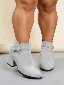 大码女式粗跟高跟纯黑色休闲侧拉链爱心装饰绑带踝靴，舒适踝靴 - 淺灰色 - 查看 5
