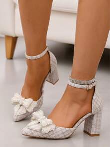 Giày cao gót nữ mùa Thu/Đông 2025 kiểu dáng mới, đế chunky, màu be, đính nơ và ngọc trai, kiểu dáng rỗng, thời trang và đa năng. - be - Xem 5