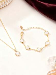 2pcs Set: 1pc Necklace + 1pc Bracelet, Fashionable Minimalist Gold-Tone Star Flower Oval Pendant, Suitable As Girlfriend, Wedding, Graduation, Date Gift - Little Plum Blossom - View 4