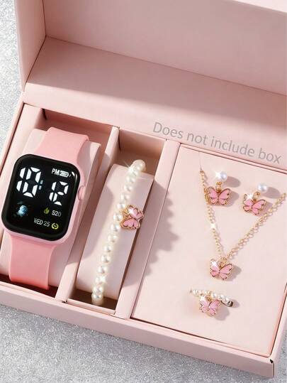6件套可爱儿童粉色电子手表蝴蝶饰品套装，适合儿童和青少年 - 卡通电子手表配项链、手链、戒指、耳环，是圣诞节、感恩节、情人节、毕业典礼和生日的完美礼物