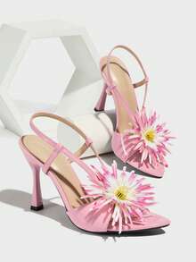Sandalias elegantes para mujer, diseño de girasol 3D radiante, tacón de aguja de punta fina, material de textura de espejo de alta calidad y cómodo, tacones altos abiertos de moda y sexys, estilo europeo y americano, adecuados para cualquier ocasión: primavera/verano, bar, discoteca, reunión de socialité, fiesta, escenario, vacaciones, boda, iglesia, tacones altos rosas, zapatos de mujer elegantes y de moda - Rosa - Ver 6