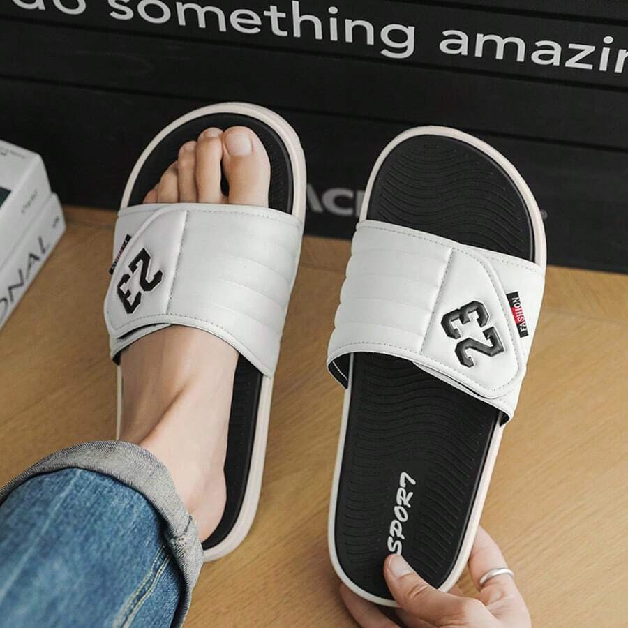 1 Pair Men's Summer Slide Sandals, Flat, Hook And Loop, Non-Slip, Casual, Home & Bathroom Slippers - White - View 1