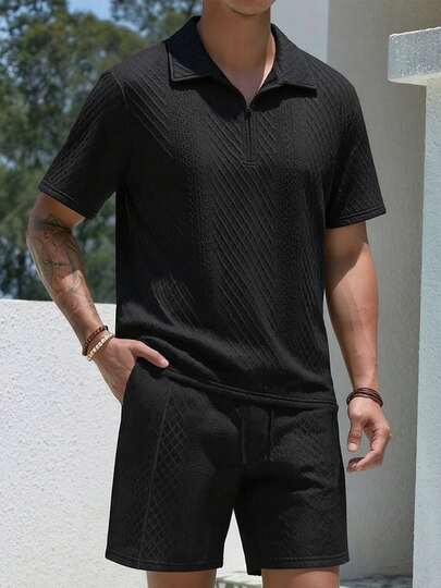 Men's Casual Commuting Homewear Solid Color Versatile Sports Breathable Diamond Pattern Set