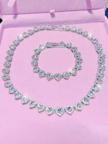 1 pieza/2 piezas/1 set Conjunto de joyería con collar con colgante en forma de corazón de cristal, collar y pulsera brillantes, regalo romántico para ella, collar de plata, collar para novia/esposa, accesorios para mujer, Día de San Valentín, Carnaval, Día de la Madre, regalo para mamá - Amor corazón - Ver 5
