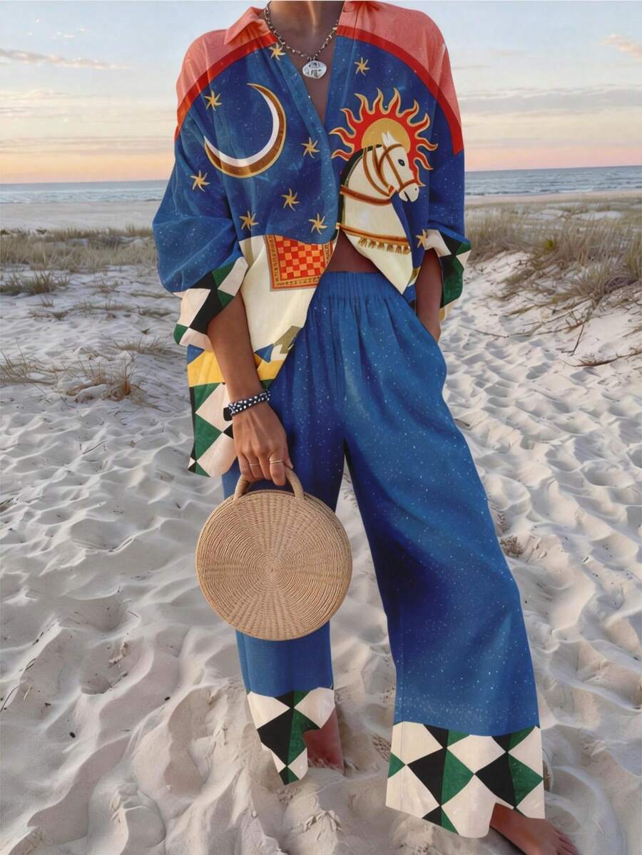 女士宽松休闲春秋季两件套，白马日月数码印花撞色长袖上衣和裤子 - 彩色 - 查看 1