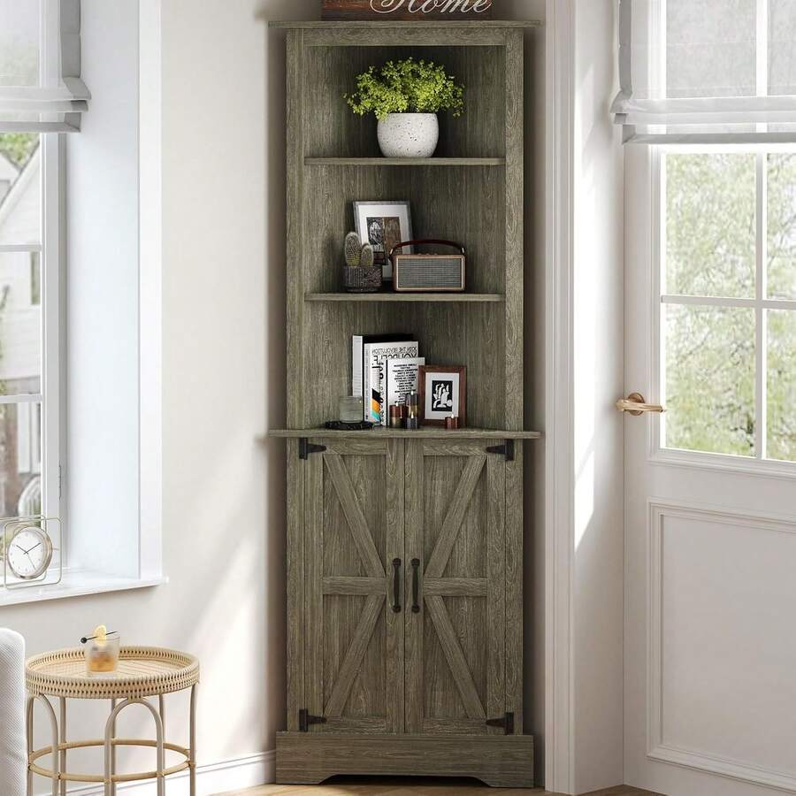Farmhouse Corner Storage Cabinet With Doors, Tall Corner Cabinet With Shelves For Living Room, 5-Tier Corner Shelf With Home Space Saver For Bathroom, Hallway, White/ Grey/ Dark Oak - 灰色 - 查看 1