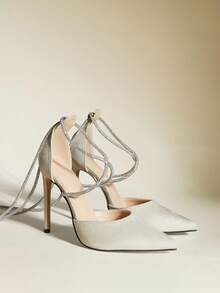 Pointed Toe Thin High Heel Solid Color Hollow Out Rhinestone Strap Beige Women's High Heel Shoes, Sexy & Fashionable For Party Outfit,Mothers Day Gift - Beige - View 7