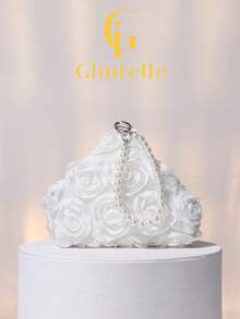Glintelle优雅白色复古花卉图案晚宴包，玫瑰花手拿包，搭配高级珍珠腕包，适合派对、婚礼、晚宴、庆典、情人节、女士礼物、正式着装搭配、正式场合。 - 白色 - 查看 8
