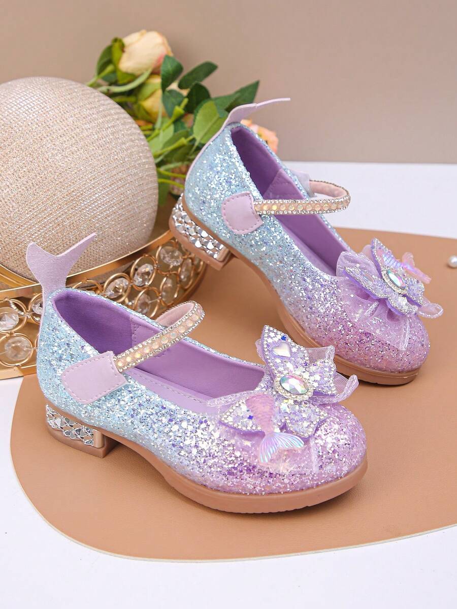 Girls' Mary Jane Flat Shoes, Shiny Low Heel Flower Wedding Party Shoes, Suitable For Toddler/Big Kids - Purple - View 1