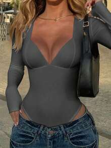 Vaiaye 女士性感 Y2K 修身针织黑色连体衣，V 领长袖春夏连体衣，优雅 - 灰色 - 查看 5