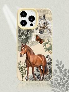 Vintage Horse & Floral Print Phone Case With Butterfly, Retro Newspaper Collage Design, Skin - Friendly Touch, Shockproof & Scratch - Resistant, Stylish & Premium Cover For IPhone 17/16/15/14/13/12/11 Series - 白色 - 查看 3