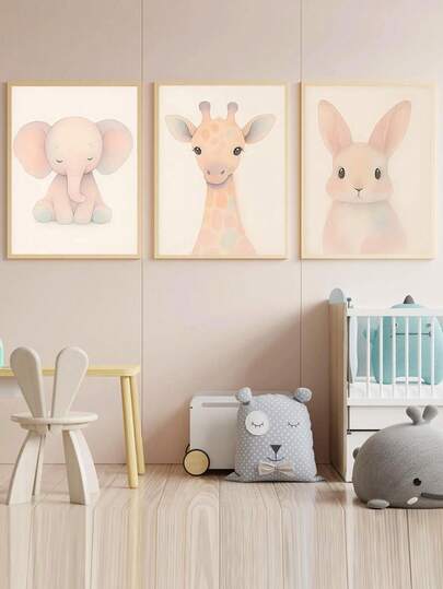 1pc Canvas Wall Art Baby Goods_Infant Animal Motifs, Pastel Watercolor Style Children's Room Bedroom Decorative Painting Framed Nursery Wall Art Perfectly Suited For Playroom Decor Nursery Decor, Parenting Room Decor, Kindergarten Decor Boy's Room Decor Girl's Bedroom Decor