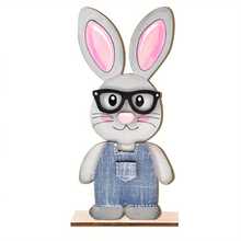 复活节兔子木质桌面摆件 - 可爱的站立兔子摆件，戴着眼镜，穿着牛仔外套，非常适合家庭聚会装饰 - 彩色 - 查看 4