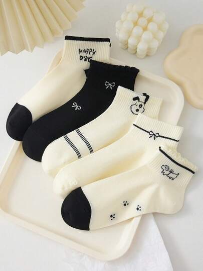 5双装女士可爱透气条纹蝴蝶结狗狗图案短款隐形袜，踝袜，黑白配色，适合日常休闲穿着，四季皆宜